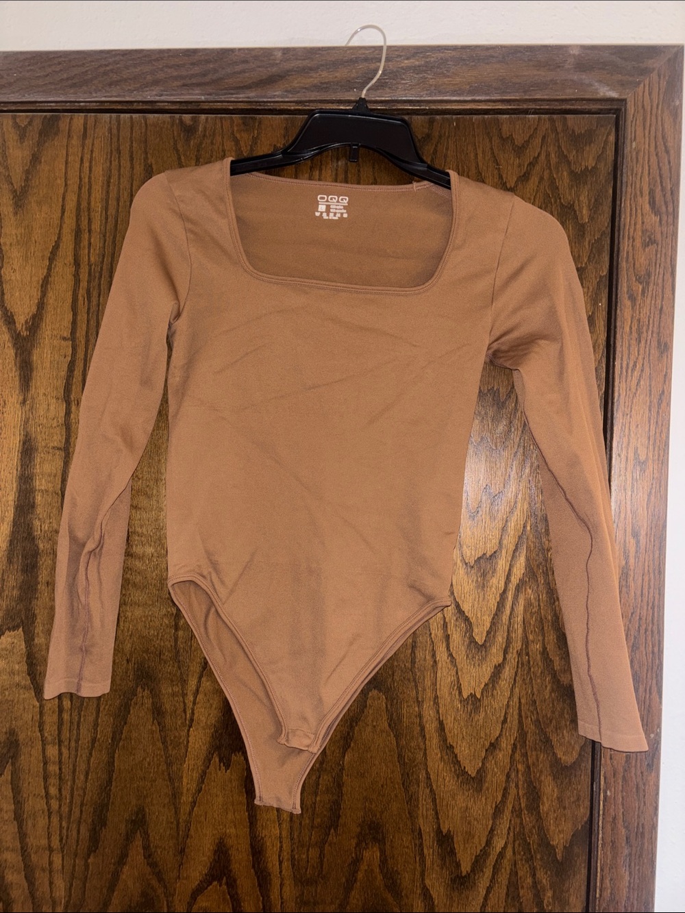 OQQ Ribbed Square Neck Long Sleeve Bodysuit - Brown Size Large